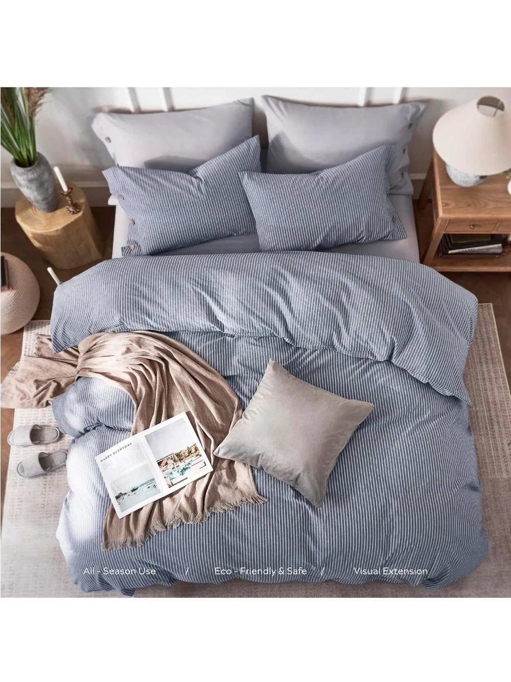 NEW JELLYMONI 100% Washed Cotton Duvet Cover Set - Blue Vertical Pinstripe KING
